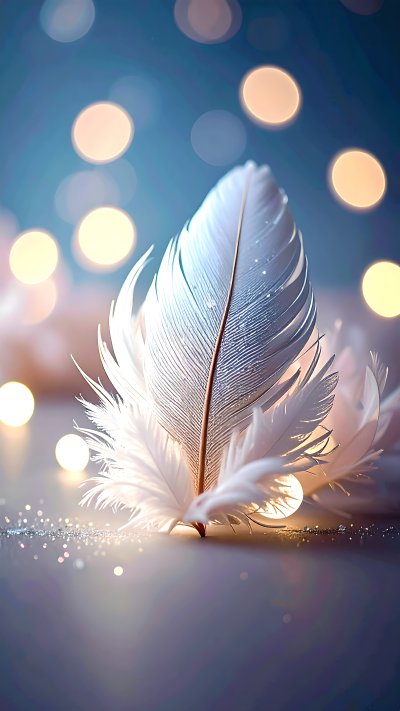 Delicate white feather close-up with soft bokeh lights and glitter