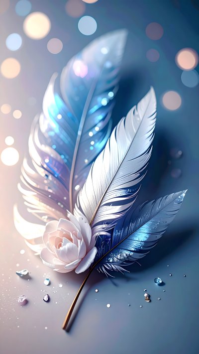 Ethereal feathers, pink rose, sparkling bokeh and scattered crystals