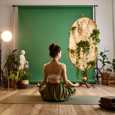 Serene woman meditating on green screen for wellness content.