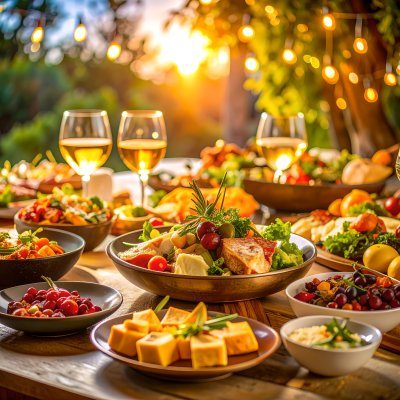 Golden hour outdoor dinner party with food and string lights