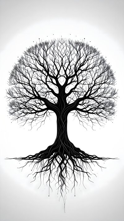 Black and white silhouette illustration of bare tree with roots