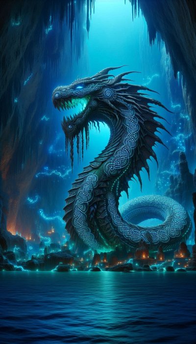 Celtic Dragon Guarding City in Blue Lit Cave