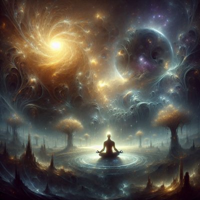 Meditating figure in surreal cosmic landscape with glowing energy