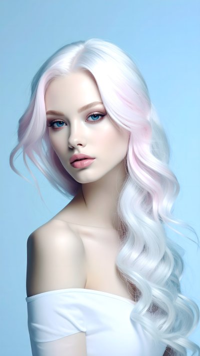Portrait of woman w/ platinum blonde hair & blue eyes on blue backg...
