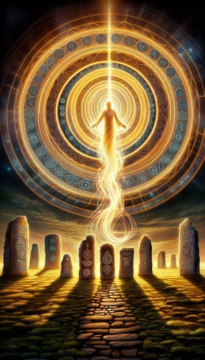 Ethereal figure rising from standing stones with Celtic circles