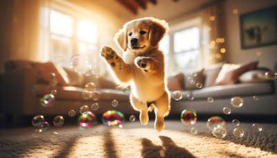 Joyful puppy leaping through bubbles in sunlit living room