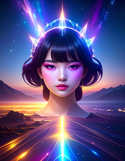 Mystical Goddess in Cosmic Sunset, Cyberpunk Pathway
