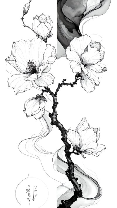 Elegant ink drawing of magnolia branch & flowers w/ abstract washes