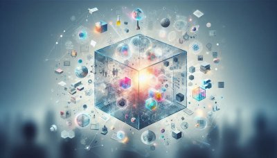 Abstract data cube with science, tech, global connection icons