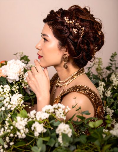 Elegant woman with pearls and gold jewelry in floral setting