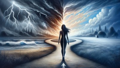 Woman on path between storm and serenity, symbolizing choices and dual
