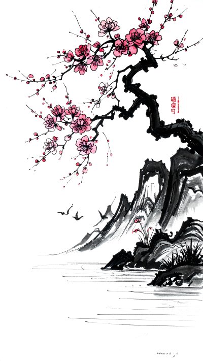 Sumi-e ink painting of cherry blossoms over mountains & water w/ birds