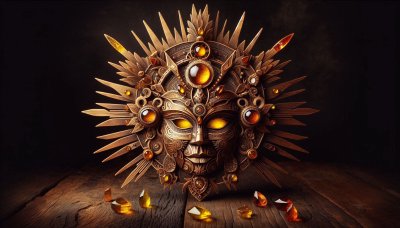 Golden sun mask with gemstones on wood, dark background