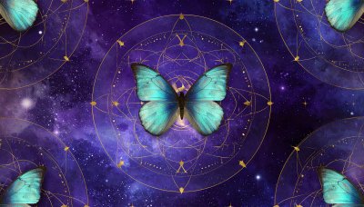 Celestial butterfly in nebula with gold constellations
