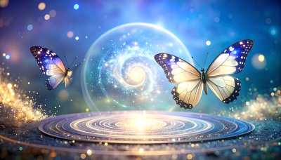 Magical celestial butterflies near glowing cosmic portal