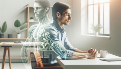 Translucent man with glowing internal plant biology at desk