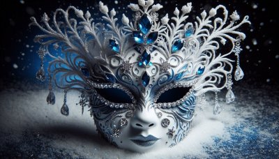 Ornate Venetian Mask: White, Silver, Blue Gemstones, Snowy Backdrop
