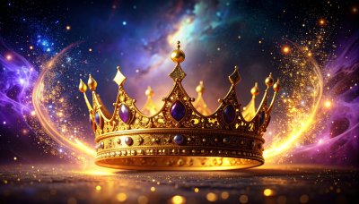 Golden crown with purple gems amidst cosmic nebula, royalty