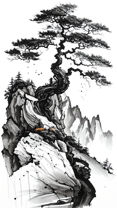 Ink wash painting of gnarled pine tree on rocky mountain with mist