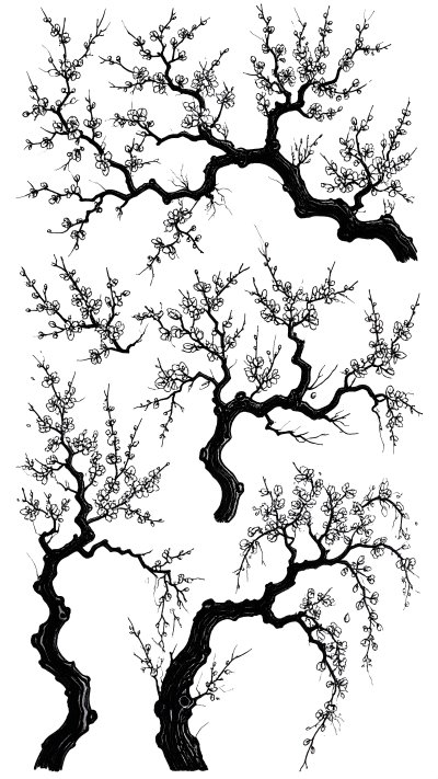 Black ink painting of plum blossom branches and white flowers