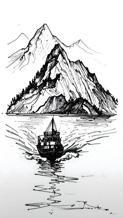 Ink sketch of boat sailing towards mountains on water