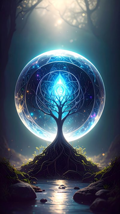 Glowing tree of life within cosmic sphere in mystical forest stream