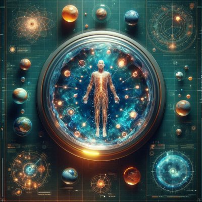 Human in cosmic sphere with planets and tech diagrams
