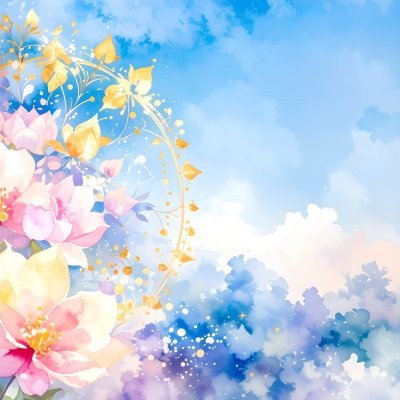 Watercolor flowers with gold accents against a dreamy sky