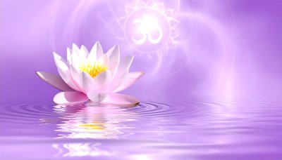 Lotus on water with glowing Om symbol