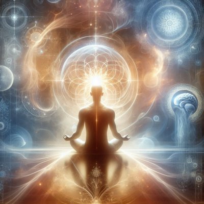 Meditating figure radiating energy in cosmic spiritual visualization