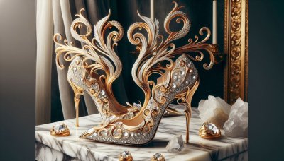 Opulent high heels with gold filigree and diamonds on marble