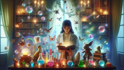 Magical laboratory scene with woman, potions, creatures, and bubbles.