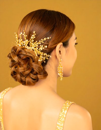 Elegant bride, golden hairpiece, dazzling earrings, updo.