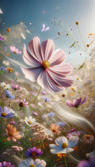 Pastel cosmos flowers in a sunlit dreamy meadow