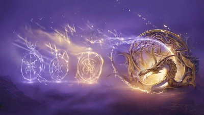 Mystical dragon emerges from golden portal with runes and magic
