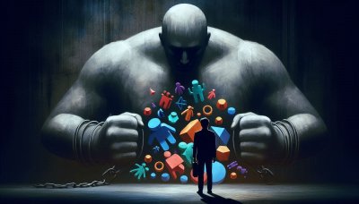 Chained giant looms over colorful abstract shapes and small person.