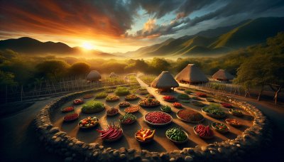 Vegetable harvest in baskets at rural farm village at sunset