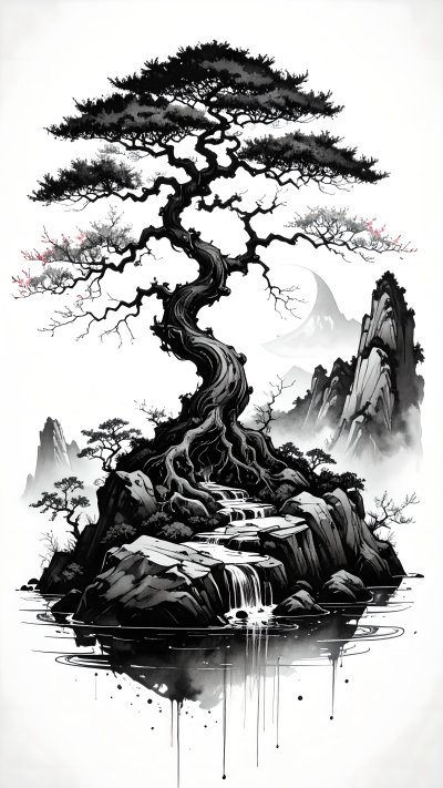 Sumi-e ink wash of twisted pine tree, waterfall, mountains, pink.