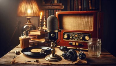 Vintage microphone, radio, vinyl, books on wooden desk, warm light