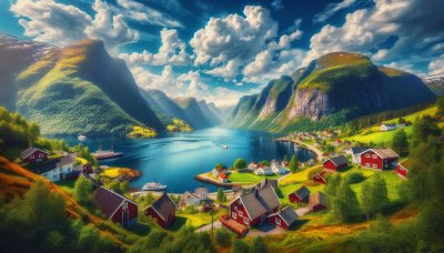 Norwegian fjord with mountains, villages, and boats under cloudy sky