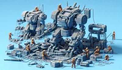 Robot Construction Site with Engineers and Complex Machinery Illustrat