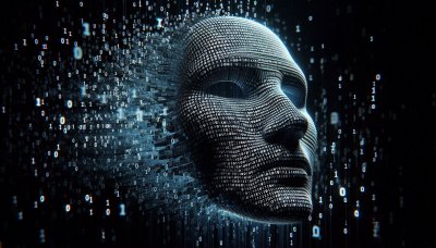 Human face made of binary code dissolving on dark background