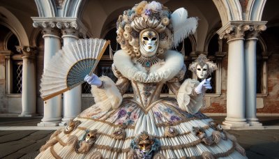 Venetian Carnival Costume Illustration: Woman in Lavish Gown, Mask, an