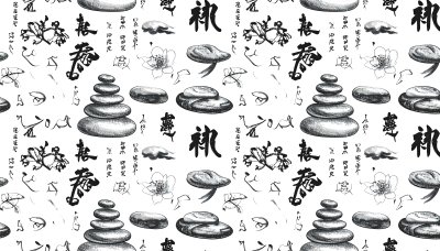 Zen garden: Stones, lotus, calligraphy.