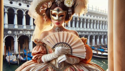 Venetian woman in mask with fan in a palace overlooking Venice canals