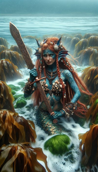 Mermaid warrior rising from the sea with Celtic sword