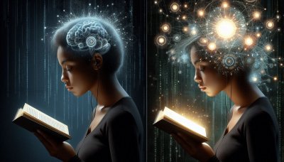 Woman reading with glowing book and brain circuitry, symbolizing knowl