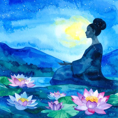 Woman meditating by moonlit lake with lotus flowers