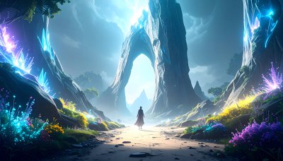 Mystical valley, glowing flora, crystal formations, archway.