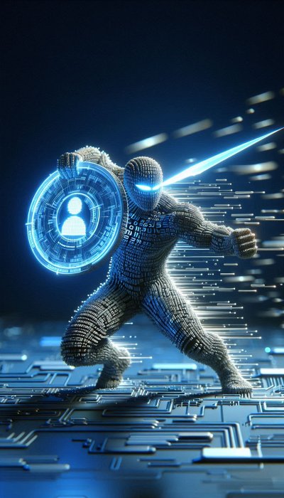 Cybernetic Defender: Digital Warrior with Shield in Futuristic Tech La